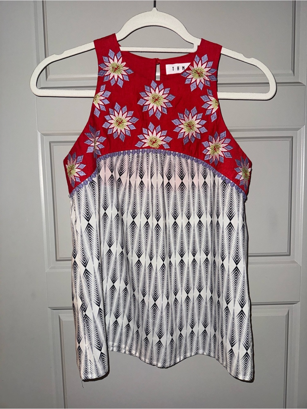 THML Red Embroidered Yoke Printed Tank